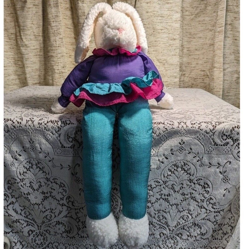 Vintage 80s Bunny Rabbit Plush Doll in Nylon Tracksuit Windbreaker Cottagecore